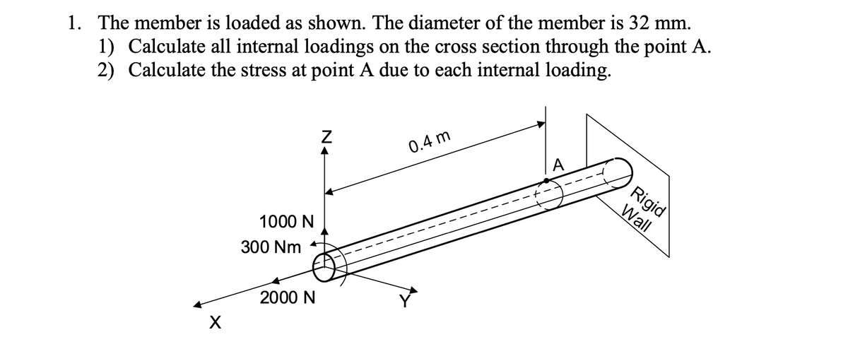 1. The member is loaded as shown. The diameter of the member is 32 mm.
1) Calculate all internal loadings on the cross section through the point A.
2) Calculate the stress at point A due to each internal loading.
0.4 m
A
Rigid
Wall
1000 N
300 Nm
2000 N
