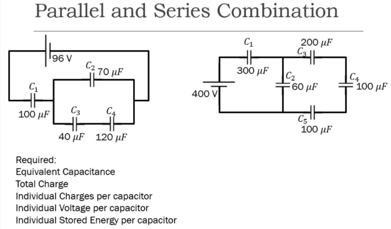 Parallel and Series Combination
C1
200 µF
C3
H
300 µF
96 V
C2 70 µF
|C2
' 60 μF
C4
100 µF
C1
400 V
100 µF
C3
C4
C5
100 µF
40 иF 120 иF
Required:
Equivalent Capacitance
Total Charge
Individual Charges per capacitor
Individual Voltage per capacitor
Individual Stored Energy per capacitor
