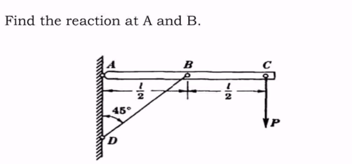 Find the reaction at A and B.
45°
D
1/11
B
12
P