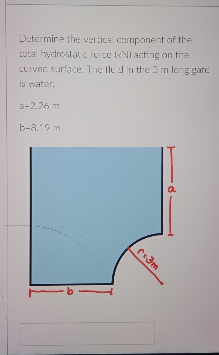 Determine the vertical component of the
total hydrostatic force (kN) acting on the
curved surface. The fluid in the 5 m long gate
is water.
a=2.26 m
b=8.19 m
r:3m
