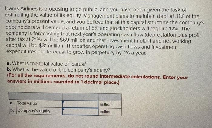 Icarus Airlines is proposing to go public, and you have been given the task of
estimating the value of its equity. Management plans to maintain debt at 31% of the
company's present value, and you believe that at this capital structure the company's
debt holders will demand a return of 5% and stockholders will require 12%. The
company is forecasting that next year's operating cash flow (depreciation plus profit
after tax at 21%) will be $69 million and that investment in plant and net working
capital will be $31 million. Thereafter, operating cash flows and investment
expenditures are forecast to grow in perpetuity by 4% a year.
a. What is the total value of Icarus?
b. What is the value of the company's equity?
(For all the requirements, do not round intermediate calculations. Enter your
answers in millions rounded to 1 decimal place.)
a. Total value
million
b. Company's equity
million
