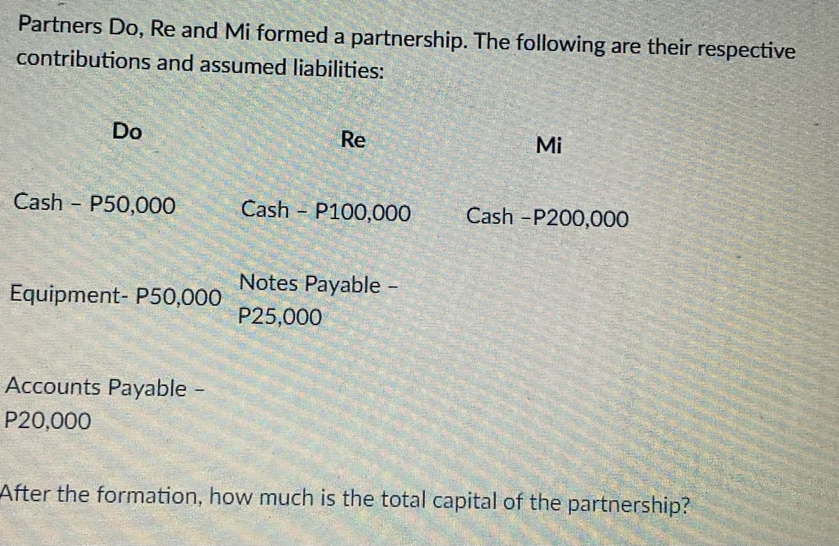 Partners Do, Re and Mi formed a partnership. The following are their respective
contributions and assumed liabilities:
Do
Re
Mi
Cash - P50,000
Cash P100,000
Cash -P200,000
Notes Payable -
Equipment- P50,000
P25,000
Accounts Payable -
P20,000
After the formation, how much is the total capital of the partnership?
