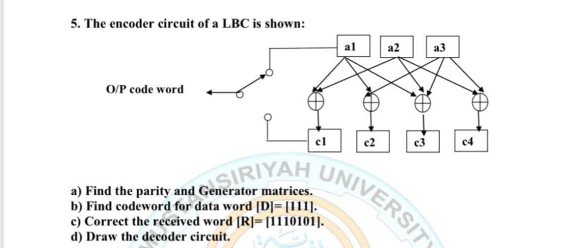 5. The encoder circuit of a LBC is shown:
O/P code word
al
a2
a3
cl
c2
c3
c4
SIRIYAH UNIVERSITY
a) Find the parity and Generator matrices.
b) Find codeword for data word [D]= [111].
c) Correct the received word [R]=[1110101].
d) Draw the decoder circuit.