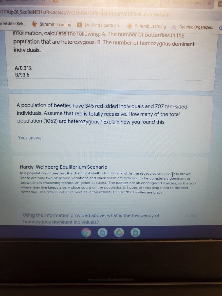 GHardy Weniberg x
1FAIPQLScc8dNEHluRK4sN4ZWk2khtNU13filz34pDDraFV6DPbelF3A/viewform
n Middle Sch. * Summit Learning Mr. King Fourth an. * Summit Learning
A Graphic Organizers
information, calculate the following: A. The number of butterflies in the
population that are heterozygous. B. The number of homozygous dominant
individuals.
A/0.312
B/93.6
A population of beetles have 345 red-sided individuals and 707 tan-sided
individuals. Assume that red is totally recessive. How many of the total
population (1052) are heterozygous? Explain how you found this.
Your answer
Hardy-Weinberg Equilibrium Scenario
In a population of beetles, the dominant shell color is black while the recessive shell colfr
There are only two observed variations and black shells are believed to be completely dominant to
brown shells (following Mendelian genetics rules). The beetles are an endangered species, so the zoo
where they live keeps a very close count on the population in hopes of returning them to the wild
someday. The total number of beetles in the exhibit is 1,387. 956 beetles are black.
is brown.
Using the information provided above, what is the frequency of
homozygous dominant individuals?
6 ponts
