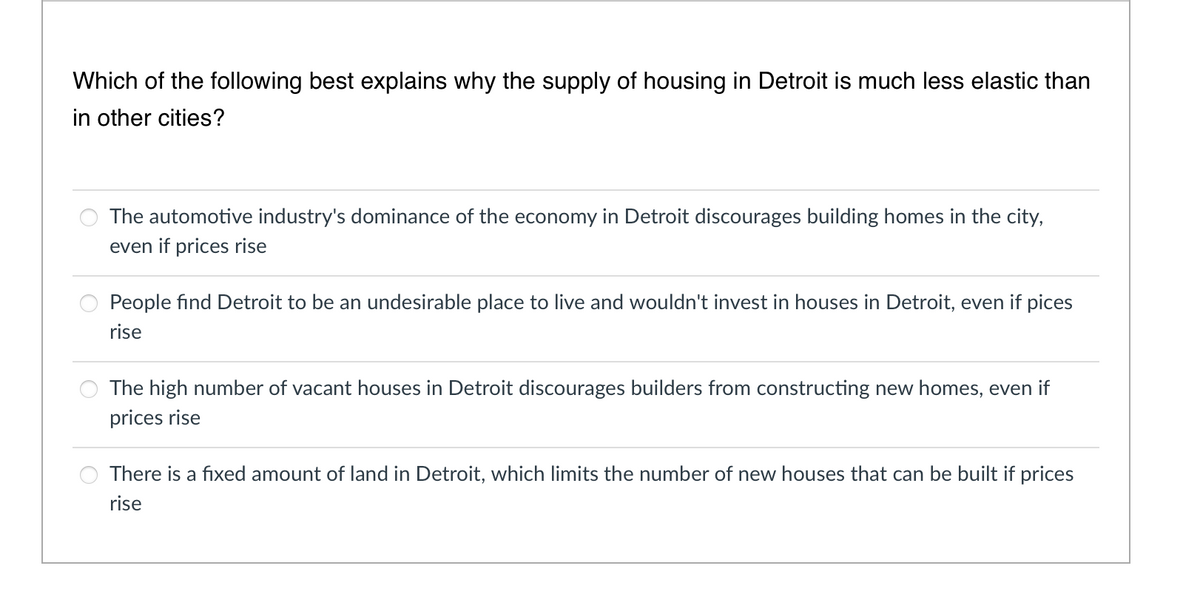 Which of the following best explains why the supply of housing in Detroit is much less elastic than
in other cities?
The automotive industry's dominance of the economy in Detroit discourages building homes in the city,
even if prices rise
People find Detroit to be an undesirable place to live and wouldn't invest in houses in Detroit, even if pices
rise
The high number of vacant houses in Detroit discourages builders from constructing new homes, even if
prices rise
There is a fixed amount of land in Detroit, which limits the number of new houses that can be built if prices
rise
