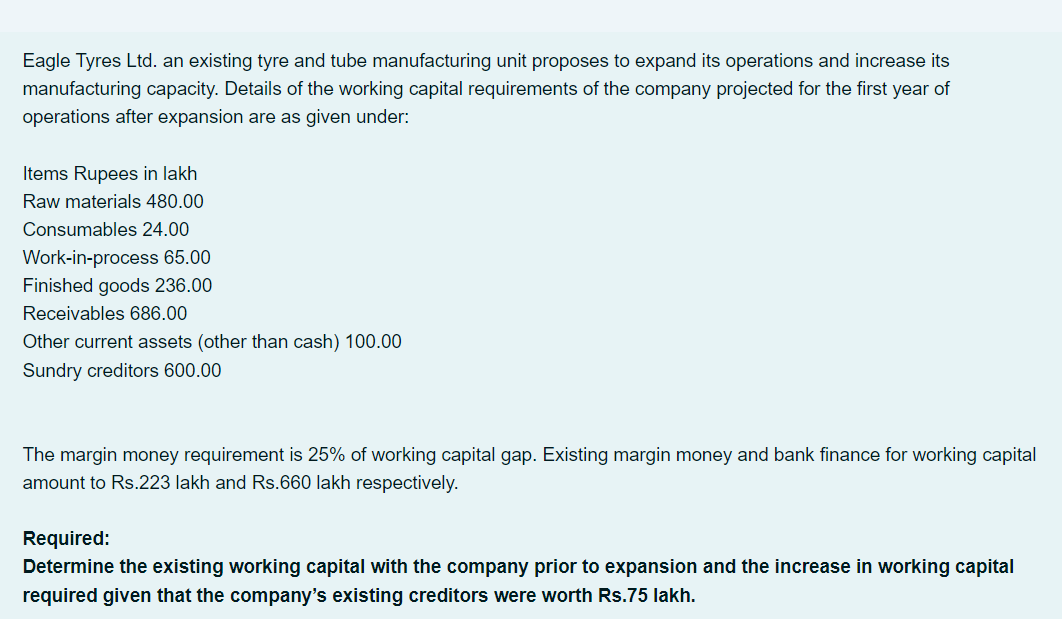 Eagle Tyres Ltd. an existing tyre and tube manufacturing unit proposes to expand its operations and increase its
manufacturing capacity. Details of the working capital requirements of the company projected for the first year of
operations after expansion are as given under:
Items Rupees in lakh
Raw materials 480.00
Consumables 24.00
Work-in-process 65.00
Finished goods 236.00
Receivables 686.00
Other current assets (other than cash) 100.00
Sundry creditors 600.00
The margin money requirement is 25% of working capital gap. Existing margin money and bank finance for working capital
amount to Rs.223 lakh and Rs.660 lakh respectively.
Required:
Determine the existing working capital with the company prior to expansion and the increase in working capital
required given that the company's existing creditors were worth Rs.75 lakh.
