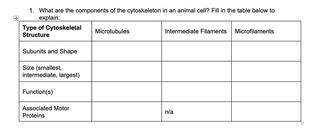 +
1. What are the components of the cytoskeleton in an animal cell? Fill in the table below to
explain:
Type of Cytoskeletal
Structure
Subunits and Shape
Size (smallest,
intermediate, largest)
Function(s)
Associated Motor
Proteins
Microtubules
Intermediate Filaments
n/a
Microfilaments
0