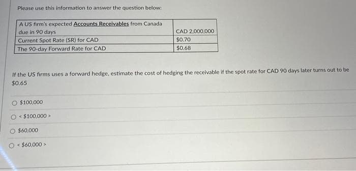 Please use this information to answer the question below:
A US firm's expected Accounts Receivables from Canada
due in 90 days
Current Spot Rate (SR) for CAD
The 90-day Forward Rate for CAD
If the US firms uses a forward hedge, estimate the cost of hedging the receivable if the spot rate for CAD 90 days later turns out to be
$0.65
$100,000
O$100,000 >
$60,000
CAD 2,000,000
$0.70
$0.68
< $60,000 >