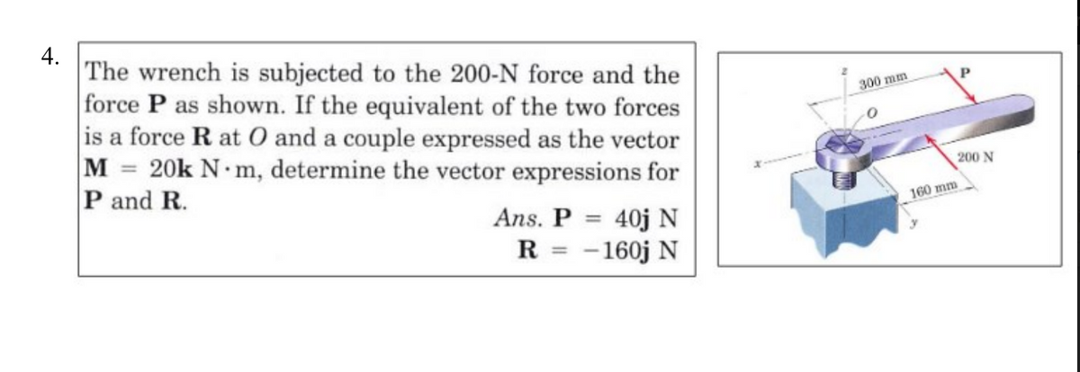 4.
The wrench is subjected to the 200-N force and the
force P as shown. If the equivalent of the two forces
is a force R at O and a couple expressed as the vector
M = 20k N m, determine the vector expressions for
P and R.
300 mm
200 N
160 mm
Ans. P = 40j N
R = -160j N
