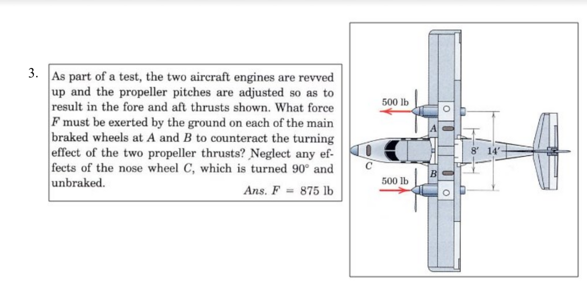3. As part of a test, the two aircraft engines are revved
up and the propeller pitches are adjusted so as to
result in the fore and aft thrusts shown. What force
F must be exerted by the ground on each of the main
braked wheels at A and B to counteract the turning
effect of the two propeller thrusts? Neglect any ef-
fects of the nose wheel C, which is turned 90° and
unbraked.
500 lb
8 14'
C
500 lb
Ans. F = 875 lb
