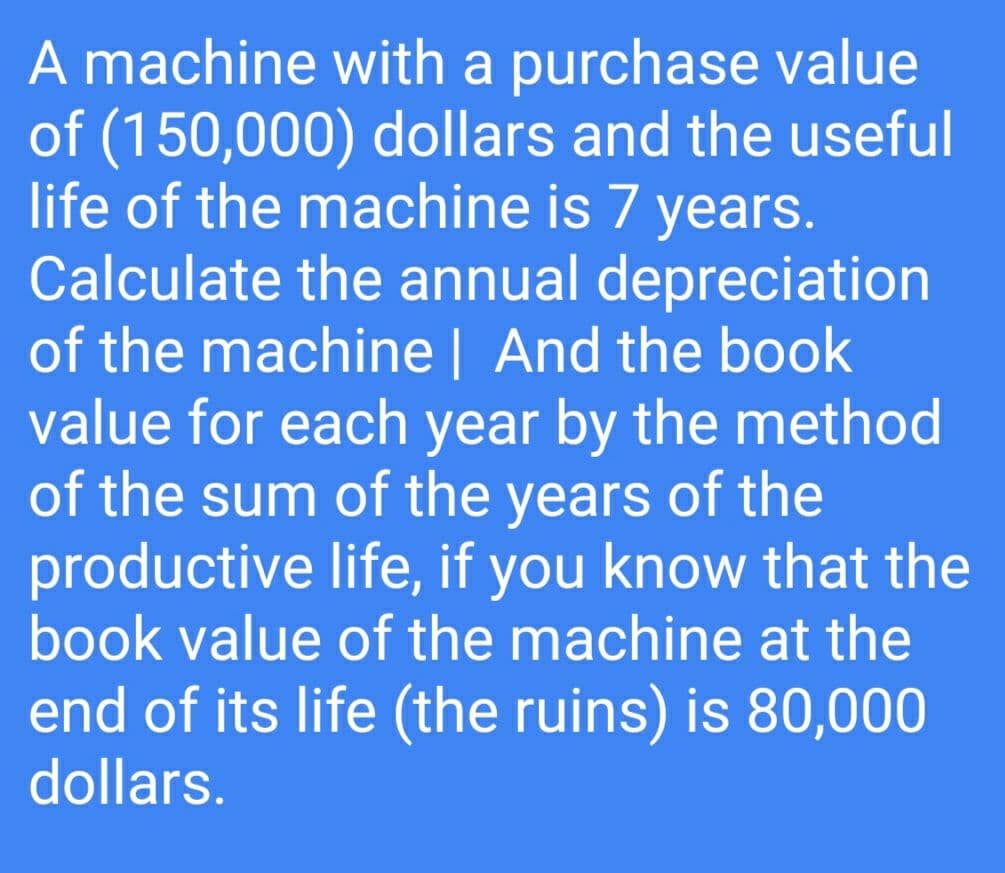 A machine with a purchase value
of (150,000) dollars and the useful
life of the machine is 7 years.
Calculate the annual depreciation
of the machine | And the book
value for each year by the method
of the sum of the years of the
productive life, if you know that the
book value of the machine at the
end of its life (the ruins) is 80,000
dollars.