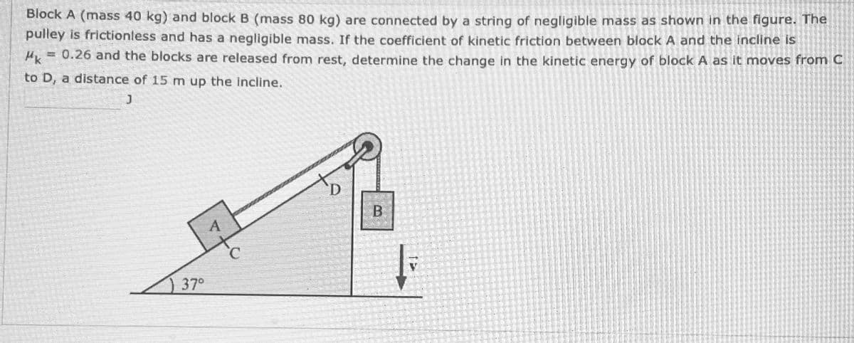 Block A (mass 40 kg) and block B (mass 80 kg) are connected by a string of negligible mass as shown in the figure. The
pulley is frictionless and has a negligible mass. If the coefficient of kinetic friction between block A and the incline is
Hk = 0.26 and the blocks are released from rest, determine the change in the kinetic energy of block A as it moves from C
to D, a distance of 15 m up the incline.
J
37°
A
D
B