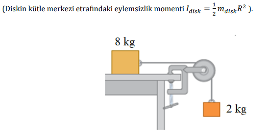 (Diskin kütle merkezi etrafındaki eylemsizlik momenti Idisk = ;maiskR² ).
8 kg
2 kg
