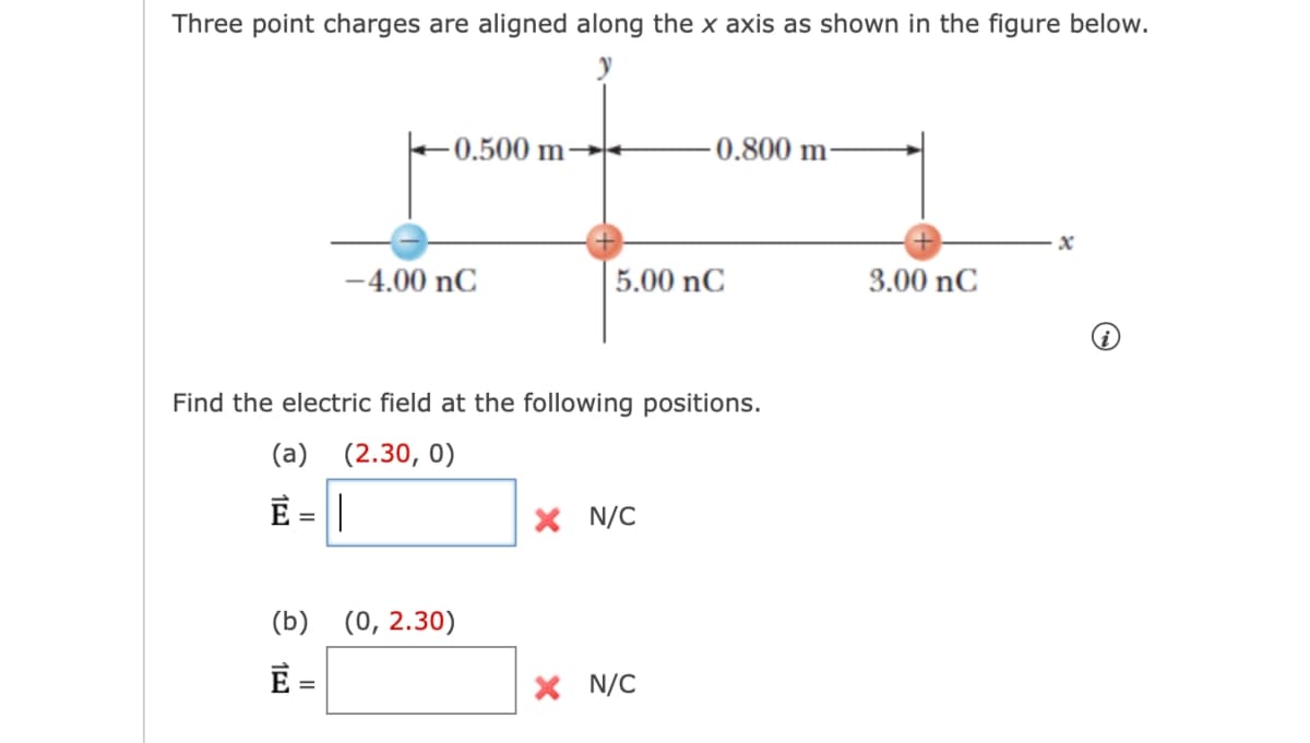 Three point charges are aligned along the x axis as shown in the figure below.
-0.500 m
-0.800 m-
x
-4.00 nC
5.00 nC
3.00 nC
Find the electric field at the following positions.
(a) (2.30, 0)
E = ||
× N/C
(b)
(0, 2.30)
E =
× N/C