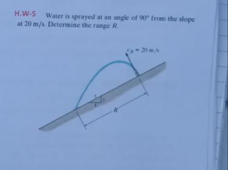 H.W-5 Water is sprayed at an angle of 90° from the slope
at 20 m/s. Determine the range R.
<-20 m/s