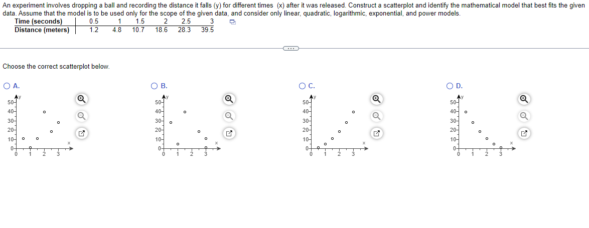An experiment involves dropping a ball and recording the distance it falls (y) for different times (x) after it was released. Construct a scatterplot and identify the mathematical model that best fits the given
data. Assume that the model is to be used only for the scope of the given data, and consider only linear, quadratic, logarithmic, exponential, and power models.
Time (seconds)
1.5
0.5
1
3
Q
2
10.7 18.6
2.5
28.3
Distance (meters)
1.2
4.8
39.5
Choose the correct scatterplot below.
O A.
Ay
50-
40-
30-
20-
10-
0
0
O
O
✔
B.
50-
40-
30-
20-
10-
0-
0
O
O
O
Q
C
O C.
Ay
50-
40-
30-
20-
10-
0-
2
✔
O D.
Ay
50-
40-
30-
20-
10
0-
0
O
T
1
2
Q
Q