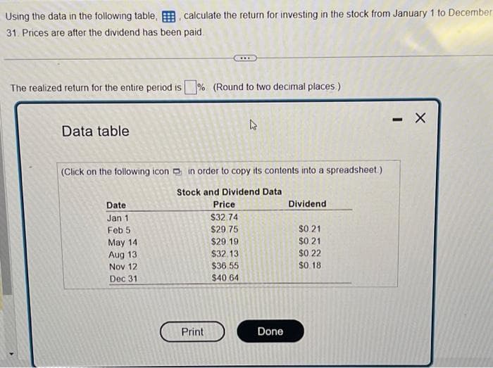 Using the data in the following table, calculate the return for investing in the stock from January 1 to December
31. Prices are after the dividend has been paid
The realized return for the entire period is% (Round to two decimal places.)
Data table
(Click on the following icon in order to copy its contents into a spreadsheet.)
Stock and Dividend Data
Price
$32,74
$29.75
$29.19
$32.13
$36.55
$40 64
Date
Jan 1
Feb 5
May 14
Aug 13
Nov 12
Dec 31
k
Print
Done
Dividend
$0.21
$0.21
$0.22
$0.18
-
X