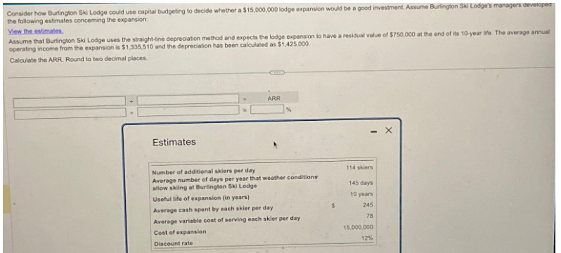 Consider how Burlington Ski Lodge could use capital budgeting to decide whether a $15,000,000 lodge expansion would be a good investment. Assume Burlington Ski Lodge's managers developed
the following estimates concerning the expansion:
View the estimates.
Assume that Burlington Ski Lodge uses the straight-line depreciation method and expects the lodge expansion to have a residual value of $750,000 at the end of its 10-year life. The average annual
operating income from the expansion is $1,335,510 and the depreciation has been calculated as $1,425,000.
Calculate the ARR. Round to two decimal places.
Estimates
ARR
Number of additional skiers per day
Average number of days per year that weather conditions
allow skiing at Burlington Ski Lodge
Useful life of expansion (in years)
Average cash spent by each skier per day
Average variable cost of serving each skler per day
Cost of expansion
Discount rate
$
114 skiers
145 days
10 years
245
78
15,000,000
12%
X