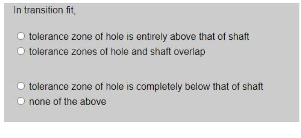 In transition fit,
tolerance zone of hole is entirely above that of shaft
tolerance zones of hole and shaft overlap
tolerance zone of hole is completely below that of shaft
none of the above
