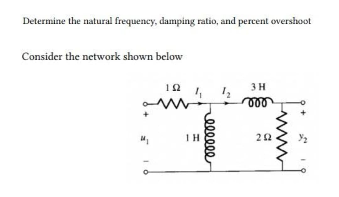 Determine the natural frequency, damping ratio, and percent overshoot
Consider the network shown below
12
3H
1H
elle

