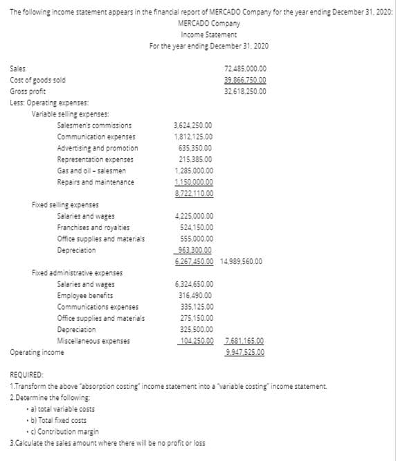 The following income statement appears in the financial report of MERCADO Company for the year ending December 31, 2020:
MERCADO Company
Income Statement
For the year ending December 31. 2020
Sales
72,485,000.00
Cost of goods sold
Gross profit
39.866,750.00
32.618.250.00
Less: Operating expenses:
Variable selling expenses:
Salesmen's commissions
3,624,250.00
Communication expenses
1,812.125.00
Advertising and promotion
635.350.00
Representation expenses
215.385.00
Gas and oil - salesmen
1,285.000.00
Repairs and maintenance
1,150.000.00
3.722.110.00
Fixed selling expenses
Salaries and wages
4,225,000.00
Franchises and royalties
524,150.00
Office supplies and materials
555.000.00
Depreciation
963 300.00
6.267,450.00 14.989,560.00
Fixed administrative expenses
Salaries and wages
6.324,650.00
Employee benefits
316,490.00
Communications expenses
335,125.00
Office supplies and materials
275,150.00
Depreciation
325,500.00
104 250.00 7.681,165.00
9.947.525.00
Miscellaneous expenses
Operating income
REQUIRED:
1.Transform the above "absorption costing" income statement into a "variable costing" income statement.
2.Determine the following
•a) total variable costs
• b) Total fixed costs
• c) Contribution margin
3.Calculate the sales amount where there will be no profit or loss
