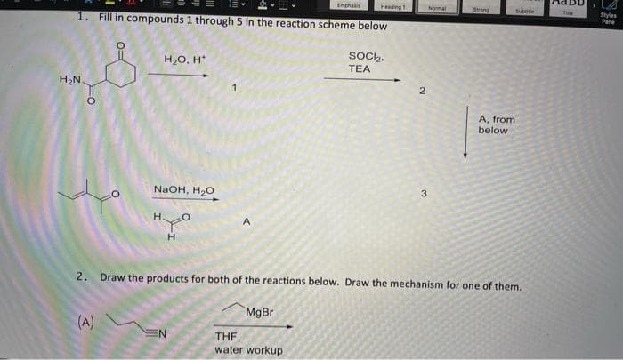 Enphasis
Heading1
Nomal
Streng
Subee
1. Fill in compounds 1 through 5 in the reaction scheme below
The
Styles
Pane
H20, H*
SOCIl,
TEA
H,N
A, from
below
NaOH, H20
3
H.
2. Draw the products for both of the reactions below. Draw the mechanism for one of them.
MgBr
(A)
EN
THE
water workup
