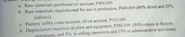 a. Raw materials purchased on account, P400,000.
b. Raw materials requisitioned for use in production, P400,000 (80% direct and 20%
indirect).
c. Factory utility costs incurred, all on account, P102,000.
d. Depreciation recorded on plant and equipment, P280,000. (80% relates to factory
onerations, and 5% to selling operations and 15% to administrative activities).
