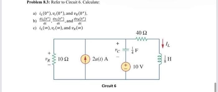 Problem 8.3: Refer to Circuit 6. Calculate:
a) i (0*), vc (0*), and vg (0*),
di (0*) dv.(0*)
dvg(0+)
dt
dt
dt
c) i (co), v (oo), and VR (00)
b)
+1
www
, and
.
102
2u(1) A
"C
Circuit 6
40 92
www
F
10 V
ell
IL
-100
