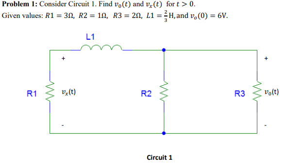 Problem 1: Consider Circuit 1. Find vo(t) and vx (t) for t > 0.
Given values: R1 = 3N, R2 = 1N, R3 = 20, L1 =
R1
vx (t)
L1
R2
www
H, and vo(0) = 6V.
Circuit 1
R3 vo(t)