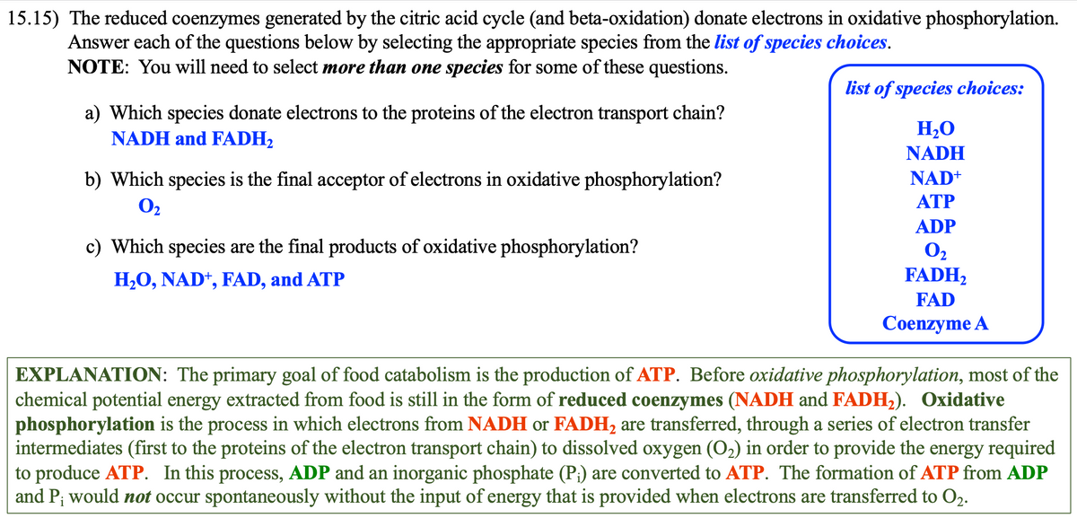 15.15) The reduced coenzymes generated by the citric acid cycle (and beta-oxidation) donate electrons in oxidative phosphorylation.
Answer each of the questions below by selecting the appropriate species from the list of species choices.
NOTE: You will need to select more than one species for some of these questions.
a) Which species donate electrons to the proteins of the electron transport chain?
NADH and FADH₂
b) Which species is the final acceptor of electrons in oxidative phosphorylation?
0₂
c) Which species are the final products of oxidative phosphorylation?
H₂O, NAD+, FAD, and ATP
list of species choices:
H₂O
NADH
NAD+
ATP
ADP
0₂
FADH2
FAD
Coenzyme A
EXPLANATION: The primary goal of food catabolism is the production of ATP. Before oxidative phosphorylation, most of the
chemical potential energy extracted from food is still in the form of reduced coenzymes (NADH and FADH₂). Oxidative
phosphorylation is the process in which electrons from NADH or FADH₂ are transferred, through a series of electron transfer
intermediates (first to the proteins of the electron transport chain) to dissolved oxygen (O₂) in order to provide the energy required
to produce ATP. In this process, ADP and an inorganic phosphate (P;) are converted to ATP. The formation of ATP from ADP
and P; would not occur spontaneously without the input of energy that is provided when electrons are transferred to O₂.