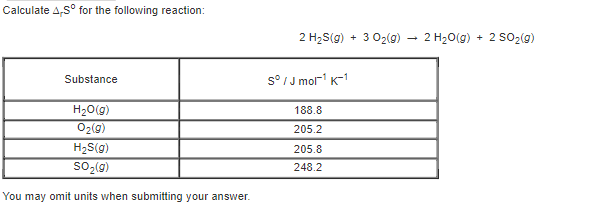 Calculate A,S° for the following reaction:
2 H2S(g) + 3 02(g) – 2 H20(g)
+ 2 SO2(g)
Substance
s°/J mol K-1
H20(g)
O2(g)
188.8
205.2
H2S(g)
205.8
so-(g)
248.2
You may omit units when submitting your answer.
