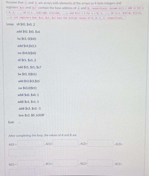 Assume that A and B are arrays with elements of the arrays as 4-byte integers and
registers ($56) and $57 contain the base address of A) and 6, respectively. Assume A(1) - 100 +1 for i
0,1... 10 (1.e., A(0)-100, A(1)-101,...); and B(1)-1 for 1-8, 1,..., 10 (i.e. B(e)-8, B(1)-1,
...). Let registers Sso, Ss1, $52, 553 have the initial values of 0, 0, 2, 2, respectively.
Loop: sll $t0, $s0, 2
Exit:
After completing the loop, the values of A and B are
A(0) -
add $t0,$t0, $56
lw $t3, 0($10)
add $14.$13,3
sw $t4,0($t0)
sll $t1,$s1, 2
add $t1,$t1,$s7
lw $t5, 0($11)
add $13,$t3,$t5
sw $t3,0($t1)
addi $50, $s0. 1
addi Ss1, Ss1, 1
addi $s3, $s3.-1
bne $s3, $0. LOOP
B(0)
,A(1)-
B(1)-
A(2)-
B(2)-
.A(3)-
, B(3)-