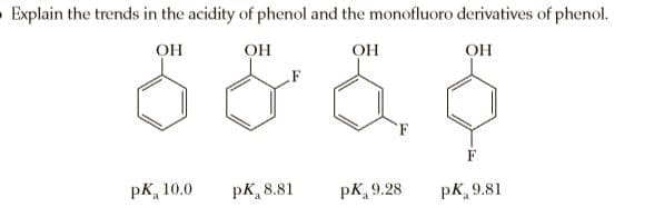 Explain the trends in the acidity of phenol and the monofluoro derivatives of phenol.
OH
он
он
он
F
pк, 10.0
pK, 8.81
pK, 9.28
pK, 9.81
