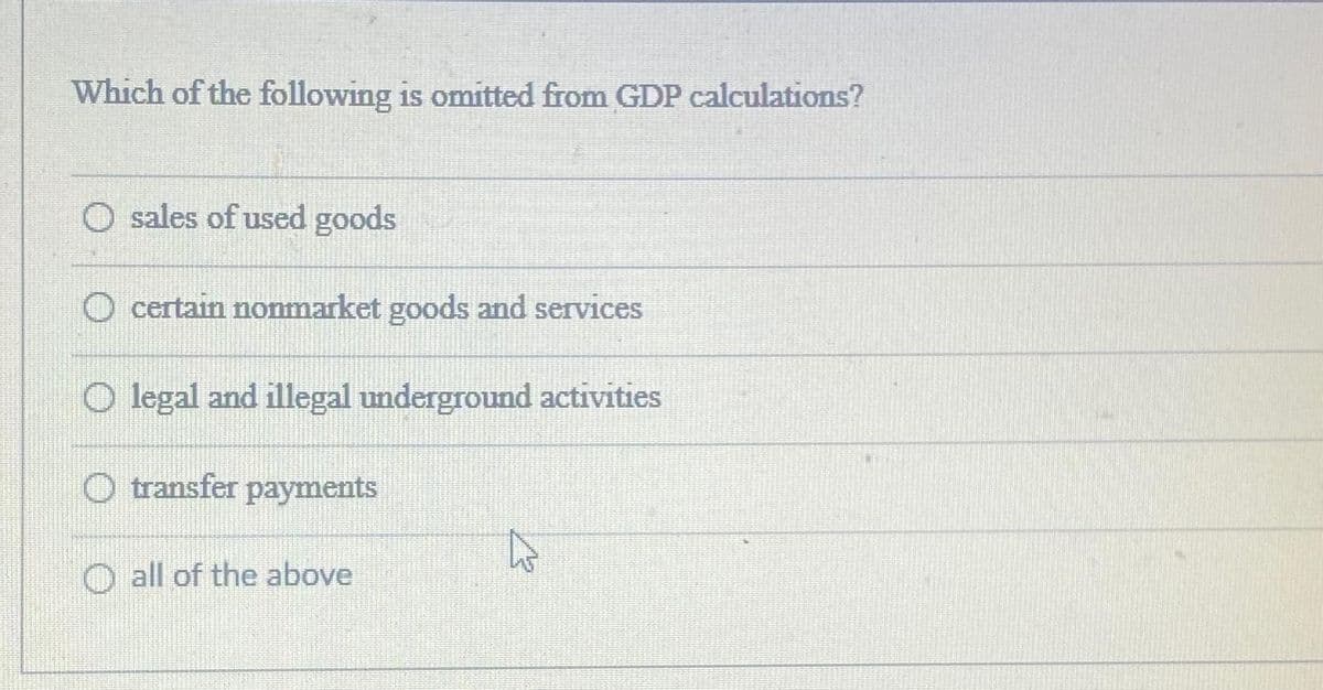 Which of the following is omitted from GDP calculations?
Osales of used goods
O certain nonmarket goods and services
O legal and illegal underground activities
transfer payments
all of the above