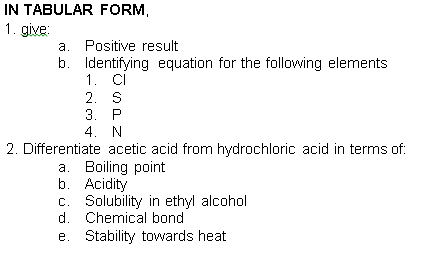 2. Differentiate acetic acid from hydrochloric acid in terms of.
a. Boiling point
b. Acidity
c. Solubility in ethyl alcohol
