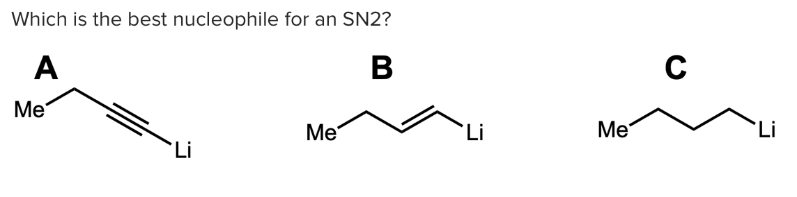Which is the best nucleophile for an SN2?
A
В
C
Ме
Me
Li
Me
Li
