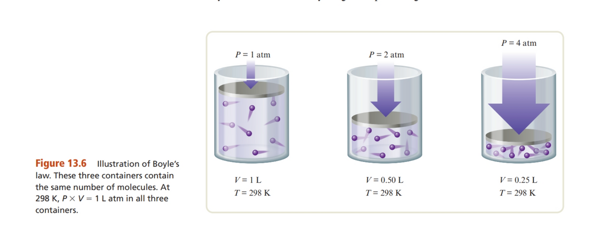 Figure 13.6 Illustration of Boyle's
law. These three containers contain
the same number of molecules. At
298 K, P X V = 1 L atm in all three
containers.
P = 1 atm
V = 1 L
T = 298 K
P = 2 atm
V
= 0.50 L
T = 298 K
P = 4 atm
V = 0.25 L
T = 298 K
