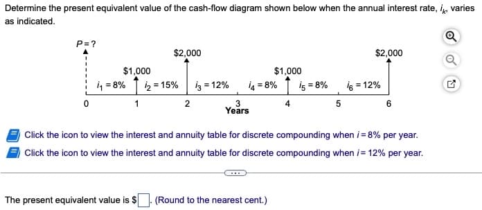 Determine the present equivalent value of the cash-flow diagram shown below when the annual interest rate, i, varies
as indicated.
P=?
܂
$1,000
i₁ = 8%
1
$2,000
The present equivalent value is $
2 = 15%
2
i3 = 12%
$1,000
ig = 8%
3
Years
ܗܘܢ ܗܝ
(Round to the nearest cent.)
4
$2,000
15 = 8% 16 = 12%
5
Click the icon to view the interest and annuity table for discrete compounding when i = 8% per year.
Click the icon to view the interest and annuity table for discrete compounding when i= 12% per year.
6