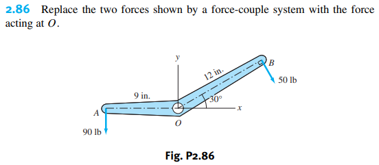 2.86 Replace the two forces shown by a force-couple system with the force
acting at O.
A
90 lb
9 in.
12 in.
30⁰
Fig. P2.86
X
B
50 lb
