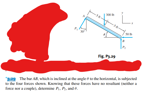 P₁
A
30°
5 ft
300 lb
Fig. P3.29
X
50 lb
B
P₂
*3.29 The bar AB, which is inclined at the angle to the horizontal, is subjected
to the four forces shown. Knowing that these forces have no resultant (neither a
force nor a couple), determine P₁, P2, and 0.