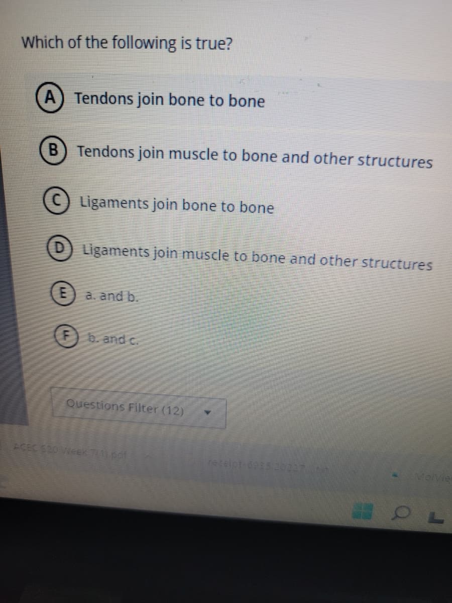 Which of the following is true?
A) Tendons join bone to bone
B
E
Tendons join muscle to bone and other structures
Ligaments join bone to bone
Ligaments join muscle to bone and other structures
a. and b.
b. and C.
Questions Filter (12)
Molvier
OL