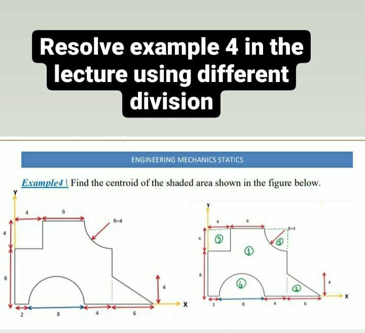 Resolve example 4 in the
lecture using different
division
ENGINEERING MECHANICS STATICS
Example4 Find the centroid of the shaded area shown in the figure below.
Re4
2
8.
