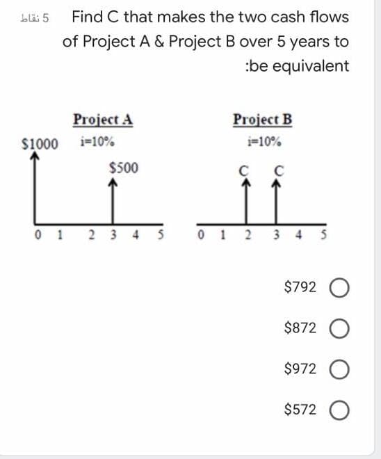 Lläi 5
Find C that makes the two cash flows
of Project A & Project B over 5 years to
:be equivalent
Project A
Project B
$1000
i=10%
i=10%
$500
C
0 1
2 3 4 5
0 1 2 3 4 5
$792 O
$872 O
$972 O
$572 O

