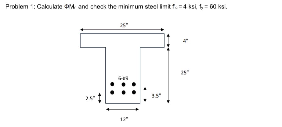 Problem 1: Calculate Mn and check the minimum steel limit f'c =4 ksi, fy 60 ksi.
2.5"
25"
6-#9
12"
3.5"
4"
25"