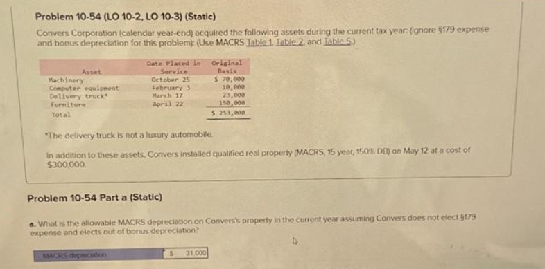 Problem 10-54 (LO 10-2, LO 10-3) (Static)
Convers Corporation (calendar year-end) acquired the following assets during the current tax year: (ignore $179 expense
and bonus depreciation for this problem): (Use MACRS Table 1. Table 2. and Table 5)
Asset
Machinery
Computer equipment
Delivery truck
Furniture
Total
Date Placed in
Service
October 25
February 3
MACRS depreciation
March 17
April 22
Original
Basis
"The delivery truck is not a luxury automobile.
In addition to these assets, Convers installed qualified real property (MACRS, 15 year, 150% DB) on May 12 at a cost of
$300,000.
$ 70,000
10,000
23,000
150,000
$ 253,000
Problem 10-54 Part a (Static)
a. What is the allowable MACRS depreciation on Convers's property in the current year assuming Convers does not elect 5179
expense and elects out of bonus depreciation?
31,000