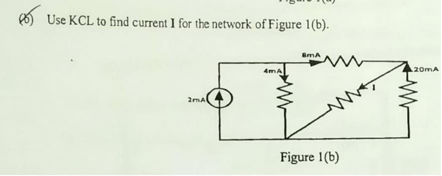 Use KCL to find current I for the network of Figure 1(b).
2mA
4mA
8mA
Figure 1(b)
20mA
W