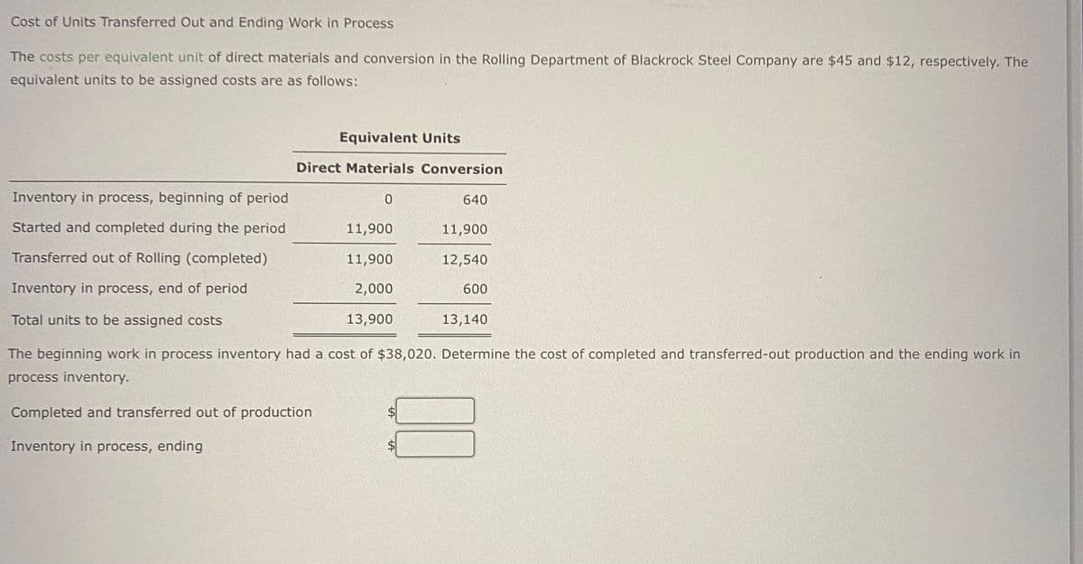 Cost of Units Transferred Out and Ending Work in Process
The costs per equivalent unit of direct materials and conversion in the Rolling Department of Blackrock Steel Company are $45 and $12, respectively. The
equivalent units to be assigned costs are as follows:
Inventory in process, beginning of period
Started and completed during the period
Transferred out of Rolling (completed)
Inventory in process, end of period
Total units to be assigned costs
Equivalent Units
Direct Materials Conversion
0
11,900
11,900
2,000
13,900
LA
640
LA
11,900
12,540
600
The beginning work in process inventory had a cost of $38,020. Determine the cost of completed and transferred-out production and the ending work in
process inventory.
Completed and transferred out of production
Inventory in process, ending
13,140