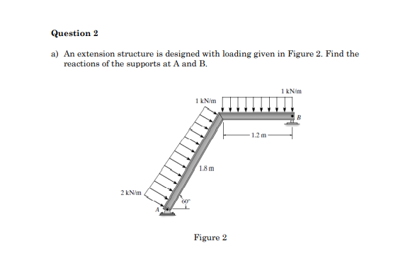 Question 2
a) An extension structure is designed with loading given in Figure 2. Find the
reactions of the supports at A and B.
1 kN/m
1 kN/m
1.2 m
1.8 m
2 kN/m
Figure 2
