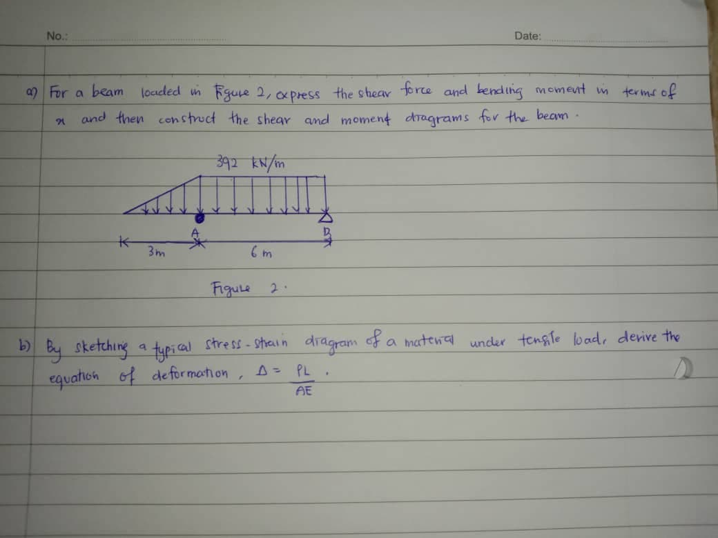 No.:
Date:
terms of
a) For a beam loaded in Figure 2, express the shear force and bending moment in
and then construct the shear and moment diagrams for the beam.
21
392 kN/m
K
3m
6m
Figure
b) By sketching a typical stress-strain diagram of a material under tensile load, derive the
equation of deformation, D = PL.
AE