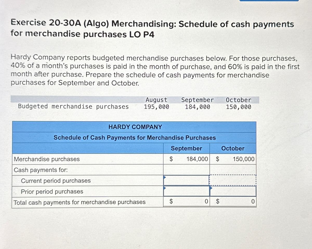 Exercise 20-30A (Algo) Merchandising: Schedule of cash payments
for merchandise purchases LO P4
Hardy Company reports budgeted merchandise purchases below. For those purchases,
40% of a month's purchases is paid in the month of purchase, and 60% is paid in the first
month after purchase. Prepare the schedule of cash payments for merchandise
purchases for September and October.
Budgeted merchandise purchases
August
195,000
September
184,000
October
150,000
HARDY COMPANY
Schedule of Cash Payments for Merchandise Purchases
Merchandise purchases
Cash payments for:
Current period purchases
Prior period purchases
September
October
$
184,000 $
150,000
Total cash payments for merchandise purchases
SA
$
0 $
0